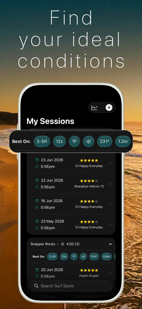 Surf session history and progress view