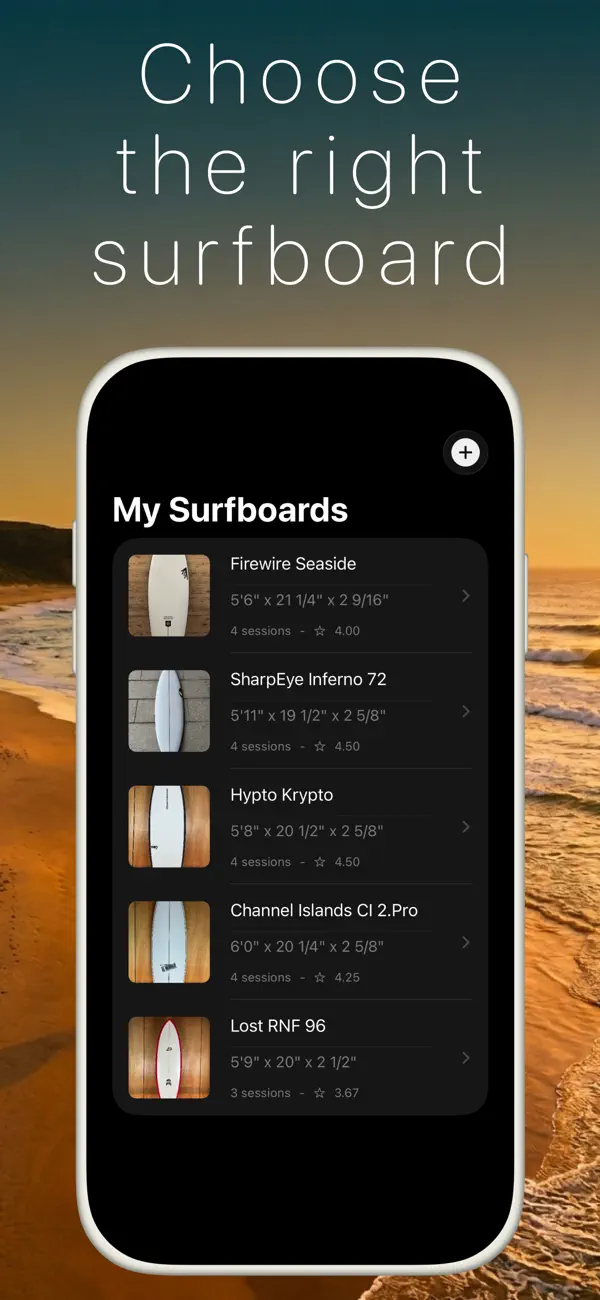 Surfboard quiver tracker with board ratings